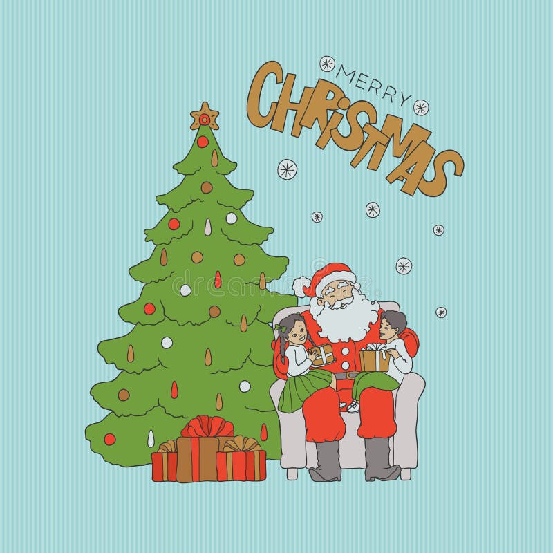 De kerstman die stoel zitten onder boom met kinderen op knieën en geeft giften Het vector de vakantie van kaartkerstmis gouden va stock illustratie De kerstman die stoel zitten onder boom met kinderen op knieën en geeft giften Het vector de vakantie van kaartkerstmis gouden va stock illustratie
