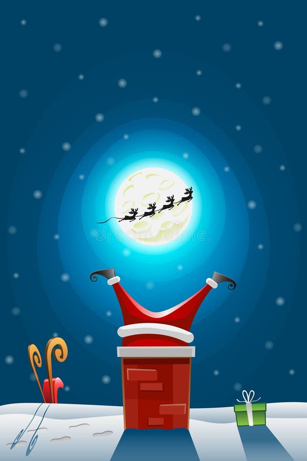 De Kerstman plakte in de Schoorsteen - weggelopen Rendieren - Slee en giftendalingen neer vector illustratie De Kerstman plakte in de Schoorsteen - weggelopen Rendieren - Slee en giftendalingen neer vector illustratie