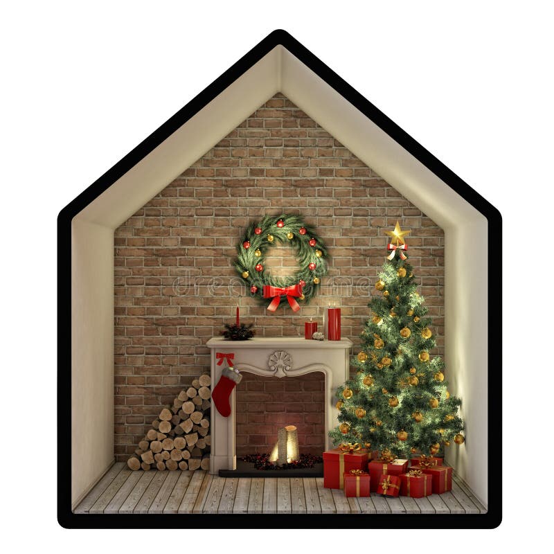 De Kerstmisvooravond met boom, open haard en stelt voor Geïsoleerdj op witte achtergrond vector illustratie De Kerstmisvooravond met boom, open haard en stelt voor Geïsoleerdj op witte achtergrond vector illustratie
