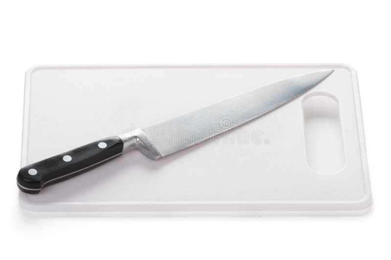 De keukenmes van het roestvrij staal en hakbord royalty-vrije stock afbeelding De keukenmes van het roestvrij staal en hakbord royalty-vrije stock afbeelding