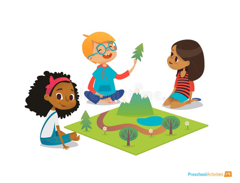 De kinderen die op vloer zitten onderzoeken stuk speelgoed landschap, bergen, installaties en bomen Het spelen en onderwijsactivi vector illustratie De kinderen die op vloer zitten onderzoeken stuk speelgoed landschap, bergen, installaties en bomen Het spelen en onderwijsactivi vector illustratie