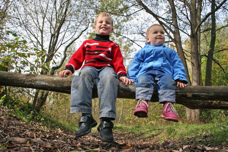 Children sit on tree in park. Children sit on tree in park