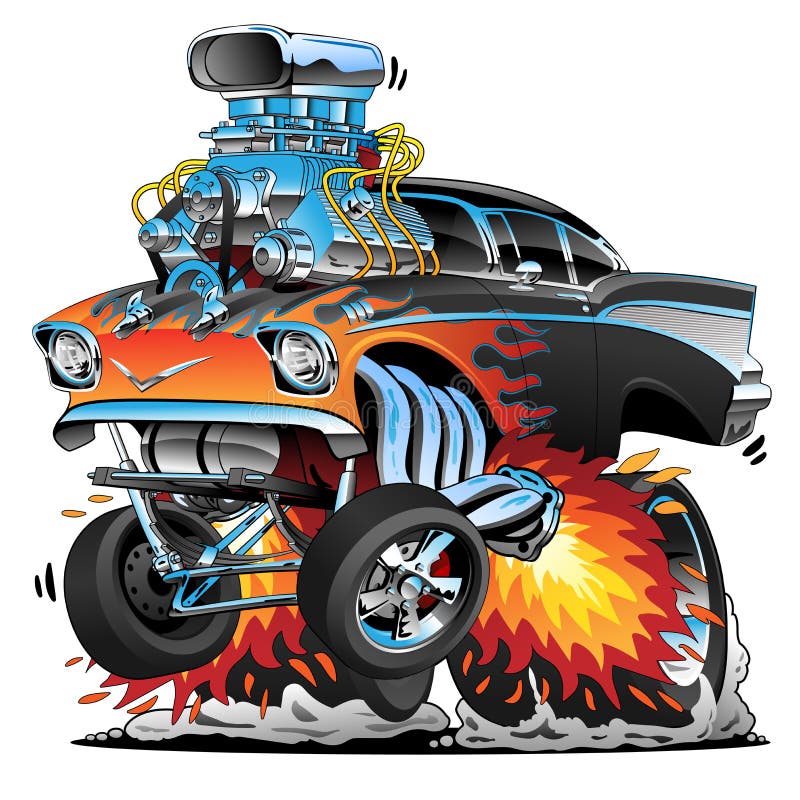 De klassieke hete auto van de de stijl gasser spier van staafjaren '50, vlammen, grote motor, beeldverhaal vectorillustratie royalty-vrije illustratie De klassieke hete auto van de de stijl gasser spier van staafjaren '50, vlammen, grote motor, beeldverhaal vectorillustratie royalty-vrije illustratie