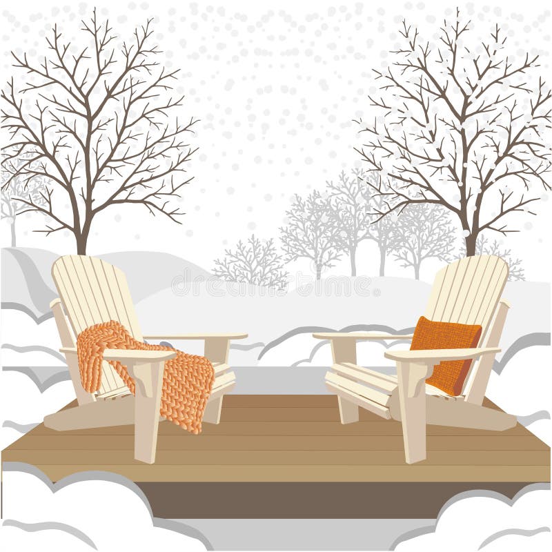De klassieke houten openluchtstoelen met ruig breien plaid en hoofdkussen Wintergarden of parklandschap vector illustratie De klassieke houten openluchtstoelen met ruig breien plaid en hoofdkussen Wintergarden of parklandschap vector illustratie