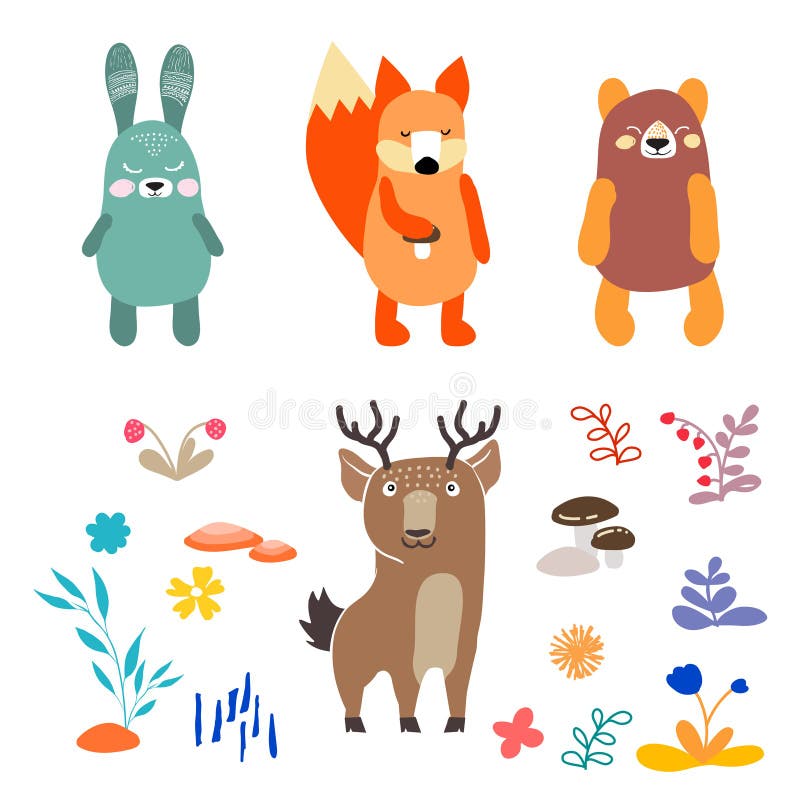 De kleurrijke die Illustratie met leuke herten, konijn, vos wordt geplaatst, draagt en bloemen voor voor ontwerp en decor Oosters royalty-vrije illustratie De kleurrijke die Illustratie met leuke herten, konijn, vos wordt geplaatst, draagt en bloemen voor voor ontwerp en decor Oosters royalty-vrije illustratie