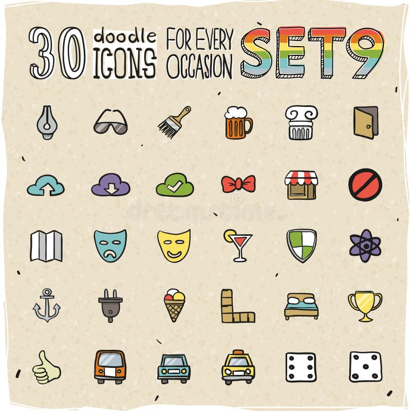 30 de kleurrijke Krabbelpictogrammen plaatsen 9 vector illustratie 30 de kleurrijke Krabbelpictogrammen plaatsen 9 vector illustratie