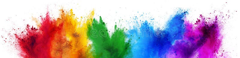 De kleurrijke van de de verfkleur van regenboogholi het poederexplosie isoleerde witte brede panoramaachtergrond