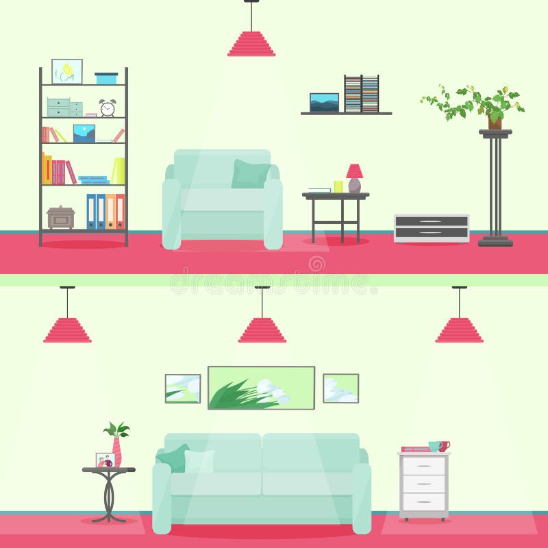 De kleurrijke vlakke binnenlandse illustratie van de stijl moderne woonkamer royalty-vrije illustratie De kleurrijke vlakke binnenlandse illustratie van de stijl moderne woonkamer royalty-vrije illustratie