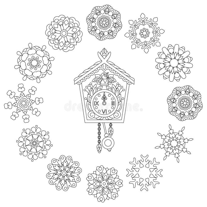 De klok en Kerstmissneeuwvlokken van de Zentanglemuur stock illustratie De klok en Kerstmissneeuwvlokken van de Zentanglemuur stock illustratie