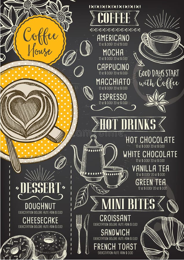 De koffiemenu van het koffierestaurant, malplaatjeontwerp stock illustratie De koffiemenu van het koffierestaurant, malplaatjeontwerp stock illustratie