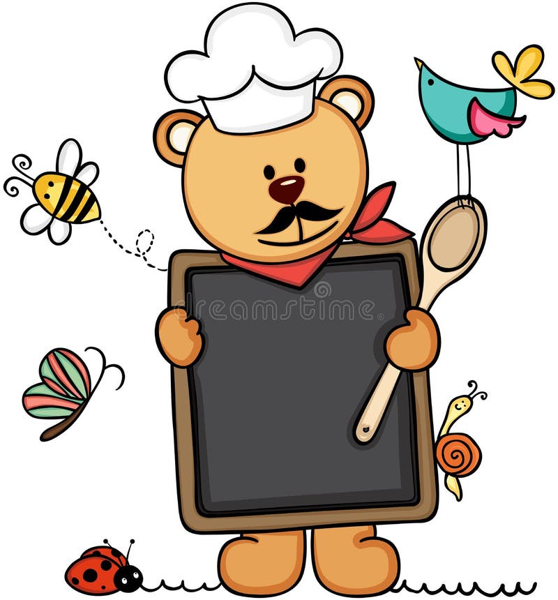 De kok die van de teddybeerchef-kok een bordmenu in tuin houden stock illustratie De kok die van de teddybeerchef-kok een bordmenu in tuin houden stock illustratie