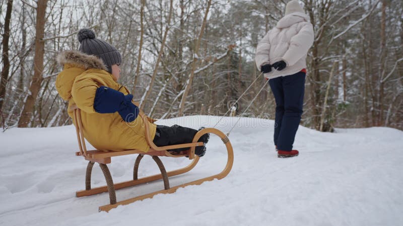 De koude winterdag in een natuurpark vrouw en haar zoon sleuren over sneeuw