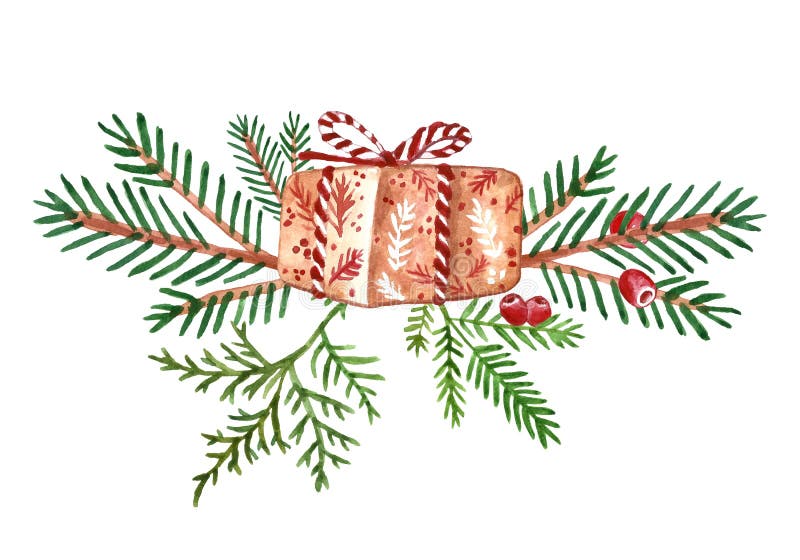 De kroon van de winterkerstmis met groene pijnboomboom vertakt zich, de rode bessen en doos van de vakantiegift Feestelijke samen stock illustratie De kroon van de winterkerstmis met groene pijnboomboom vertakt zich, de rode bessen en doos van de vakantiegift Feestelijke samen stock illustratie