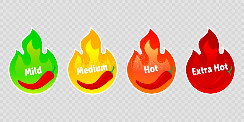 De kruidige etiketten van de de brandvlam van de Spaanse peperpeper hete De vector kruidige pictogrammen van het voedselniveau, g