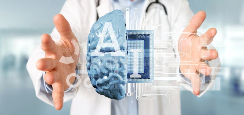 De Kunstmatige intelligentiepictogram van de artsenholding met halve hersenen en het halve kring 3d teruggeven