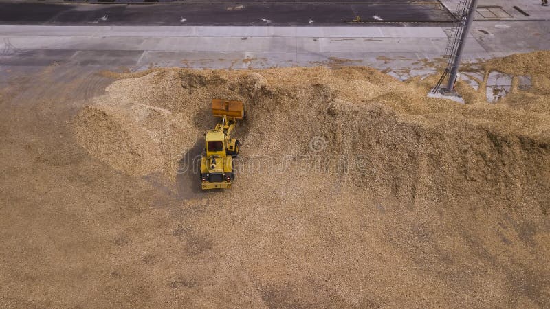 De lader laadt het zaagsel in het satellietbeeld van de houtbewerkingsfabriek stock afbeelding De lader laadt het zaagsel in het satellietbeeld van de houtbewerkingsfabriek stock afbeelding