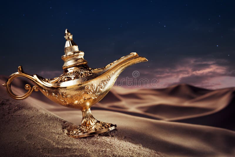 De lamp van het Genie van magische Aladdin op een woestijn