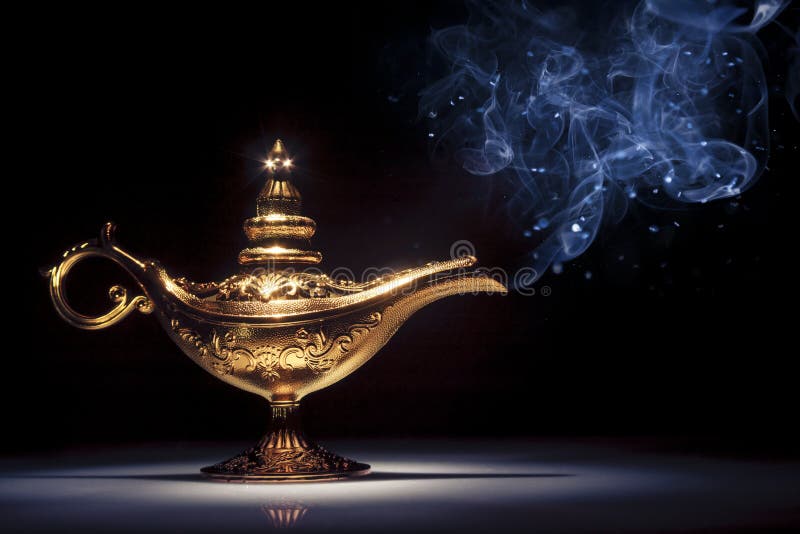 De lamp van het Genie van magische Aladdin op zwarte met rook