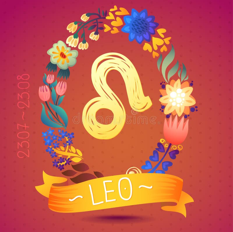 Zodiac sign LEO, in a sweet floral wreath. Horoscope sign, flowers, leaves and ribbon. Zodiac sign LEO, in a sweet floral wreath. Horoscope sign, flowers, leaves and ribbon