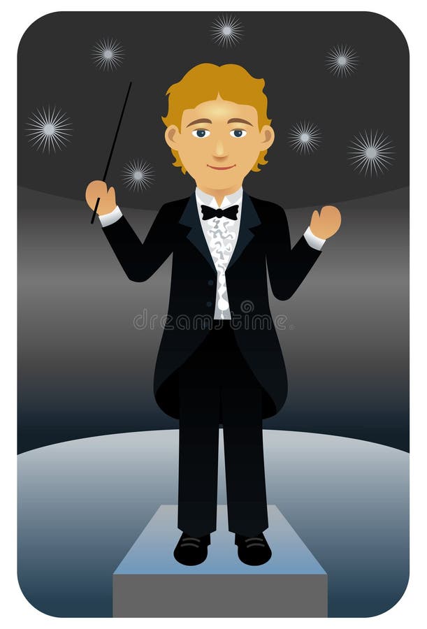 Vector illustration of a music conductor wearing a tuxedo, conducting an orchestra. Vector illustration of a music conductor wearing a tuxedo, conducting an orchestra.