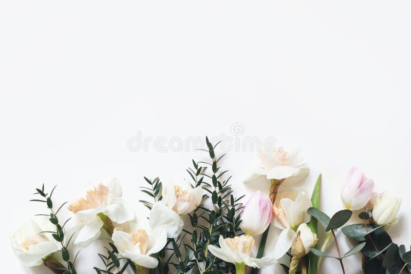 De lente, Pasen gestileerde samenstelling met roze tulpen, narcissen, gele narcissenbloemen en geïsoleerde eucalyptustakken royalty-vrije stock foto De lente, Pasen gestileerde samenstelling met roze tulpen, narcissen, gele narcissenbloemen en geïsoleerde eucalyptustakken royalty-vrije stock foto