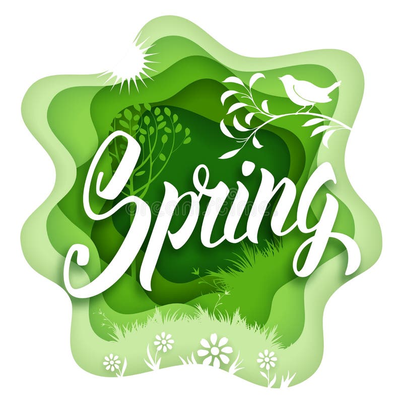 Paper art carving style design with hand drawn word Spring and springtime elements. Vector illustration. Paper art carving style design with hand drawn word Spring and springtime elements. Vector illustration.