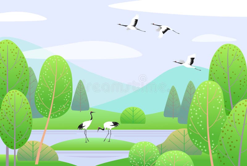 De lentelandschap met Japanse Kranen, Bergen en Bomen vector illustratie De lentelandschap met Japanse Kranen, Bergen en Bomen vector illustratie