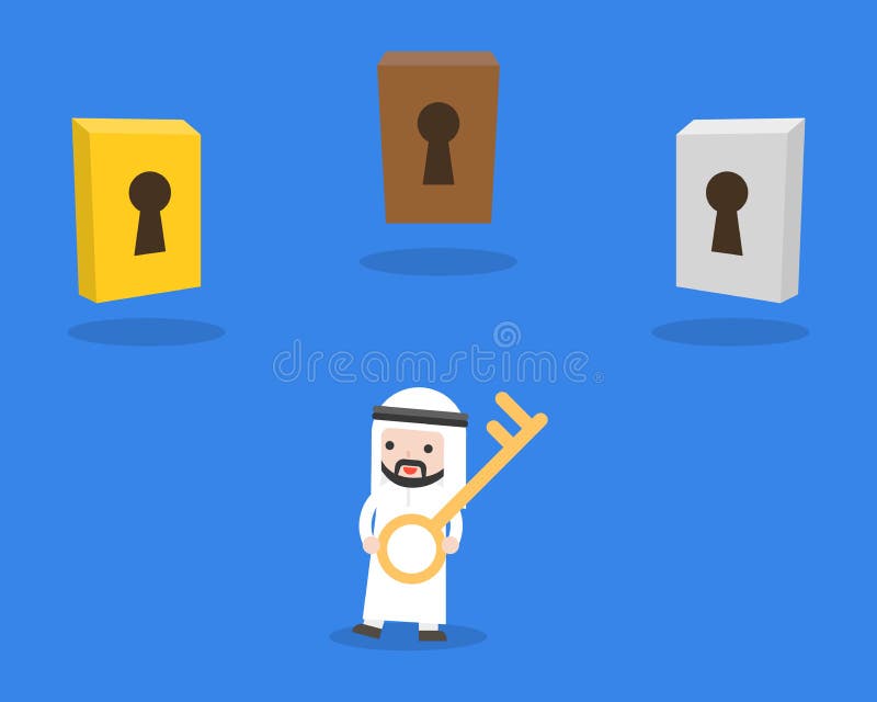De leuke Arabische sleutel van de zakenmanholding voor open het kiezen deur, busine royalty-vrije illustratie De leuke Arabische sleutel van de zakenmanholding voor open het kiezen deur, busine royalty-vrije illustratie