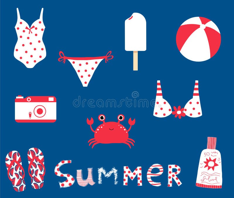 Cute summer set with vector elements for beach, ocean and travel graphic design in red and white colors on blue background. Cute summer set with vector elements for beach, ocean and travel graphic design in red and white colors on blue background