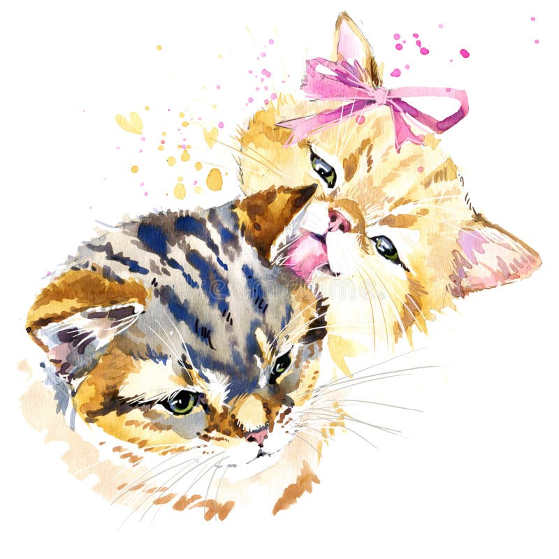 De leuke grafiek van de kattent-shirt, de familieillustratie van de waterverfkat vector illustratie De leuke grafiek van de kattent-shirt, de familieillustratie van de waterverfkat vector illustratie