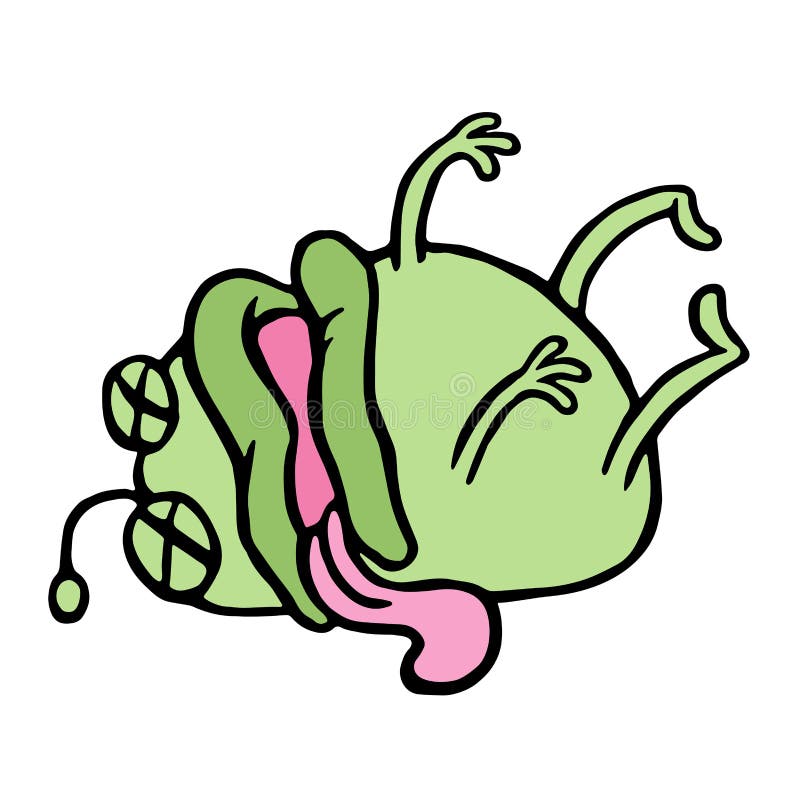 Cute green microbe was poisoned and died. Bad day. Cartoon character. Vector illustration. Cute green microbe was poisoned and died. Bad day. Cartoon character. Vector illustration.