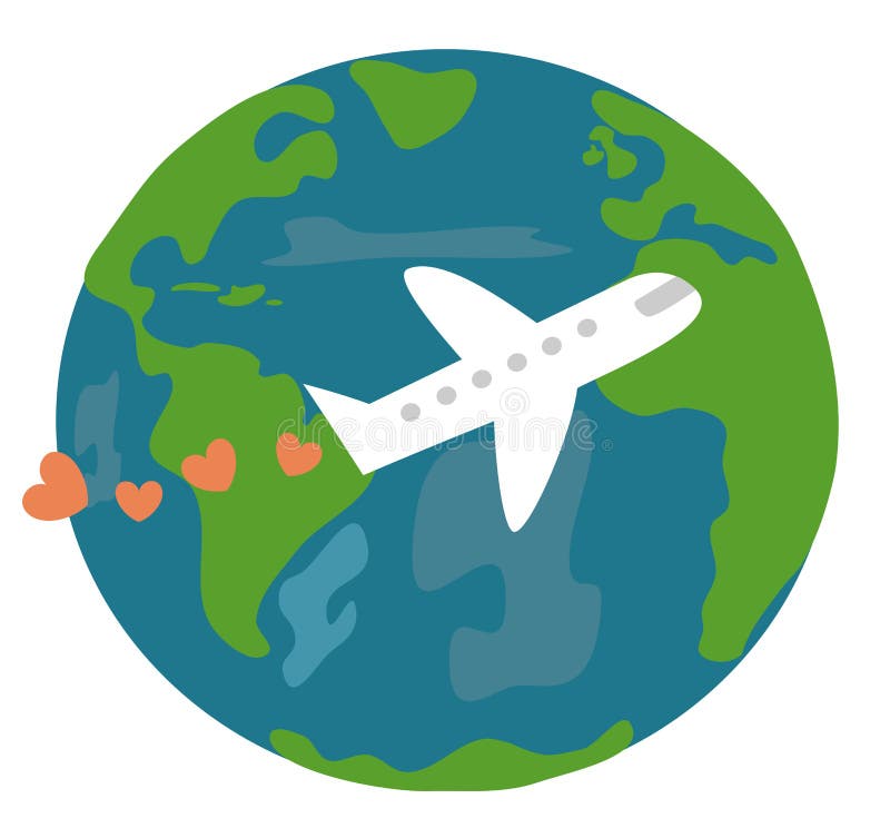 De leuke het beeldverhaalaarde en vliegtuig met hartenliefde reizen de vectorillustratie van het wereldconcept stock illustratie De leuke het beeldverhaalaarde en vliegtuig met hartenliefde reizen de vectorillustratie van het wereldconcept stock illustratie
