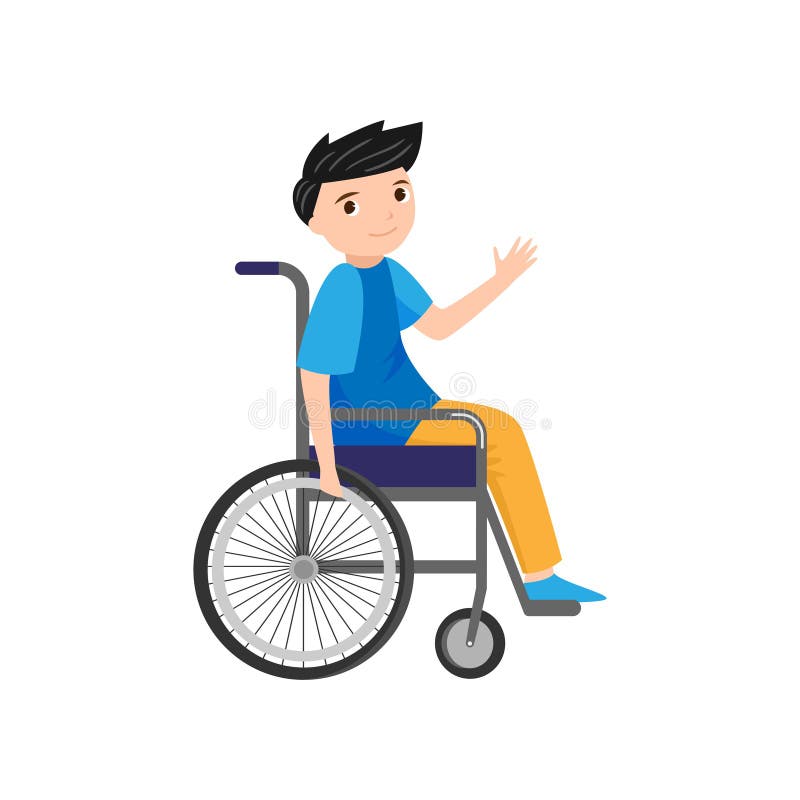 De leuke jonge glimlachende jongen zegt hello in rolstoel stock illustratie De leuke jonge glimlachende jongen zegt hello in rolstoel stock illustratie