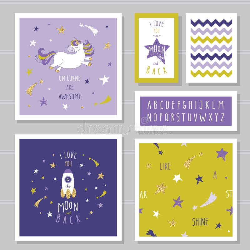 De leuke kaarten met eenhoorn en goud schitteren sterren Voor verjaardagsuitnodiging, babydouche, pyjama's, nachtkledingsontwerp stock illustratie De leuke kaarten met eenhoorn en goud schitteren sterren Voor verjaardagsuitnodiging, babydouche, pyjama's, nachtkledingsontwerp stock illustratie