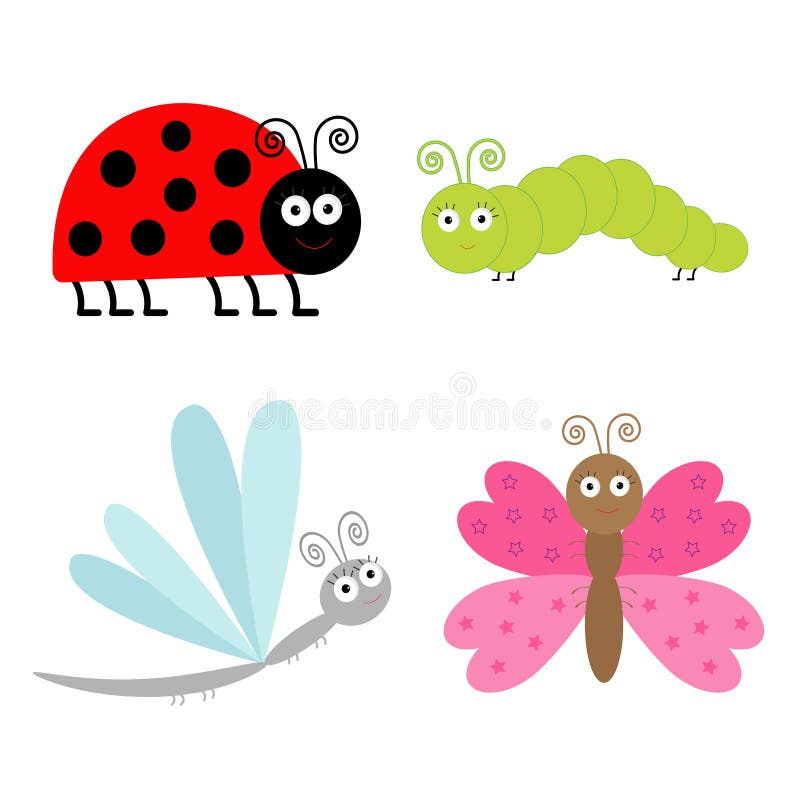 Cute cartoon insect set. Ladybug, dragonfly, butterfly and caterpillar. Isolated. Vector illustration. Cute cartoon insect set. Ladybug, dragonfly, butterfly and caterpillar. Isolated. Vector illustration.