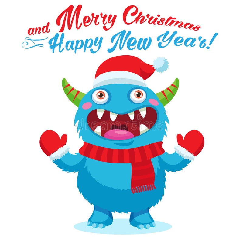 De leuke Vectorkaart van het Kerstmismonster De Mascotte van het vakantiebeeldverhaal Vrolijke Kerstmis, gelukkig nieuw jaar stock illustratie De leuke Vectorkaart van het Kerstmismonster De Mascotte van het vakantiebeeldverhaal Vrolijke Kerstmis, gelukkig nieuw jaar stock illustratie