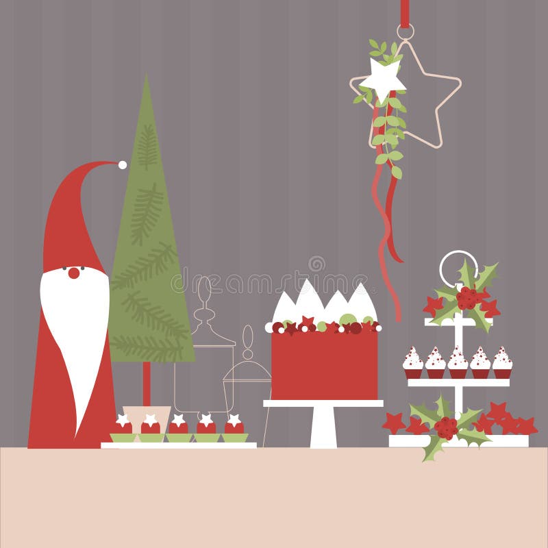 De lijst van het Kerstmisdessert met elf en Kerstboom royalty-vrije illustratie De lijst van het Kerstmisdessert met elf en Kerstboom royalty-vrije illustratie