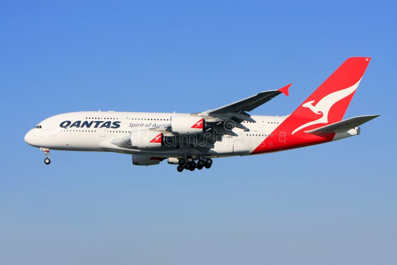 De Luchtbus van Qantas A380 tijdens de vlucht. stock fotografie De Luchtbus van Qantas A380 tijdens de vlucht. stock fotografie