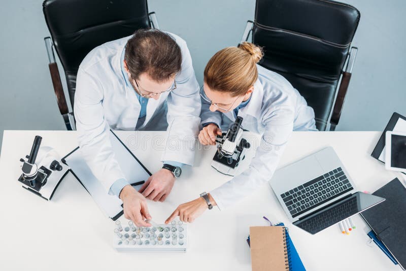 de luchtmening van wetenschappelijke onderzoekers in wit bedekt het bekijken flessen met reagentia op het werk met een laag stock afbeelding de luchtmening van wetenschappelijke onderzoekers in wit bedekt het bekijken flessen met reagentia op het werk met een laag stock afbeelding