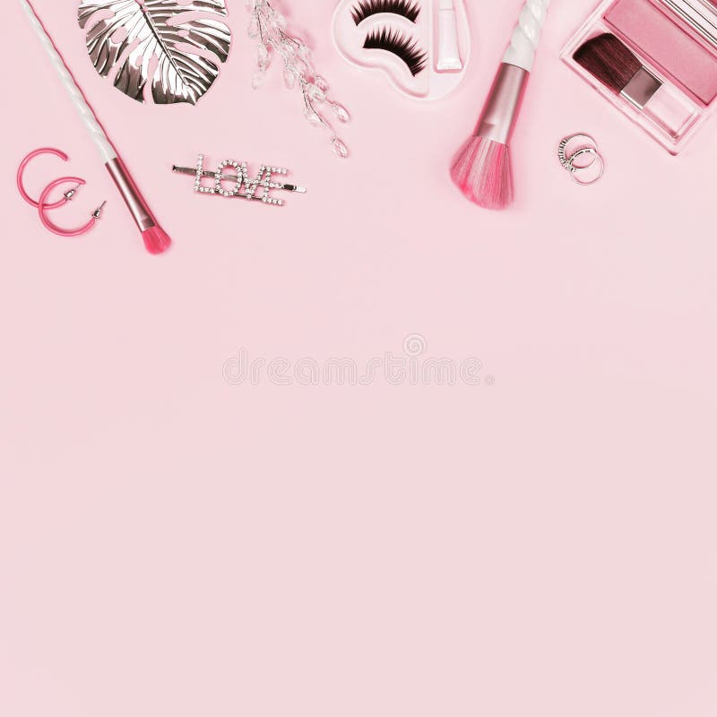 Tender pink monochrome feminine makeup tools and silver accessories. brushes eye lashes vanish on candy pink. Flat lay, birthday beauty cosmetics blogger advert border concept. Heart, love hair clips. Tender pink monochrome feminine makeup tools and silver accessories. brushes eye lashes vanish on candy pink. Flat lay, birthday beauty cosmetics blogger advert border concept. Heart, love hair clips