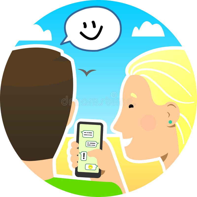 De man en het meisje communiceren, concept; rondpictogram Cartoon girl laat een vent zien die haar telefoon aan het kletsen is Vr stock illustratie De man en het meisje communiceren, concept; rondpictogram Cartoon girl laat een vent zien die haar telefoon aan het kletsen is Vr stock illustratie
