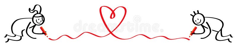 De man en de vrouw die van het stokcijfer rood hart, banner die, stokmensen schilderen en hart trekken op de vloer knielen