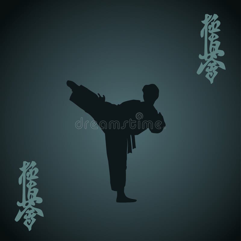 The man engaged in the karate on dark a blue background