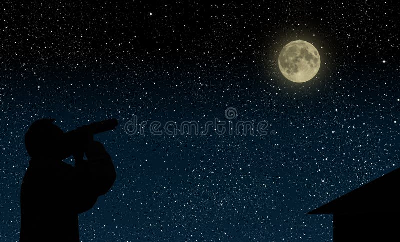 De man op het dak bekijkt door verrekijkers de volle maannacht