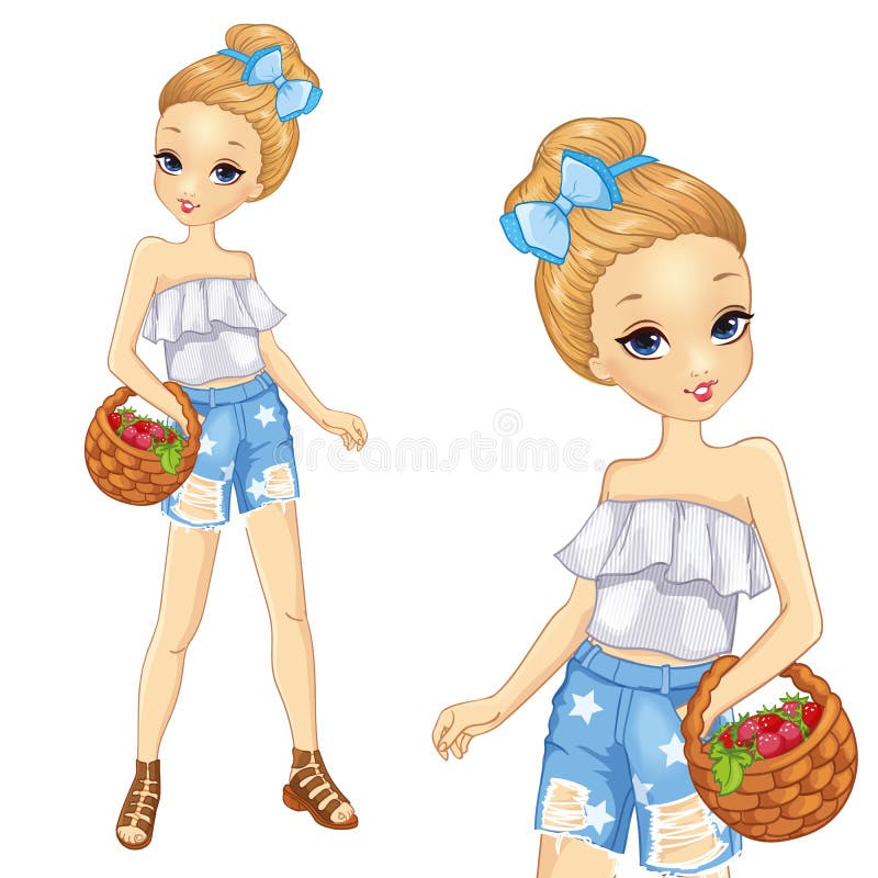 Meisje Houdt Mand Met Aardbeien Vast stock illustratie
