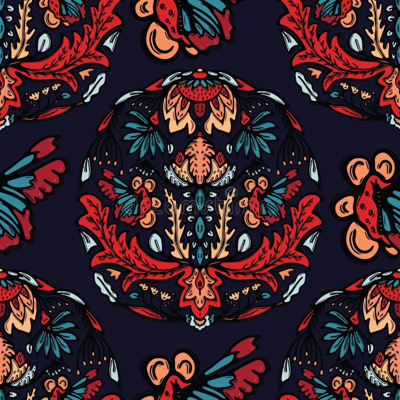 De mandalavector van de Bohobloem drukt overal Naadloos het herhalen patroonmonster Rode zwarte Boheemse volksmotiefachtergrond G stock illustratie De mandalavector van de Bohobloem drukt overal Naadloos het herhalen patroonmonster Rode zwarte Boheemse volksmotiefachtergrond G stock illustratie