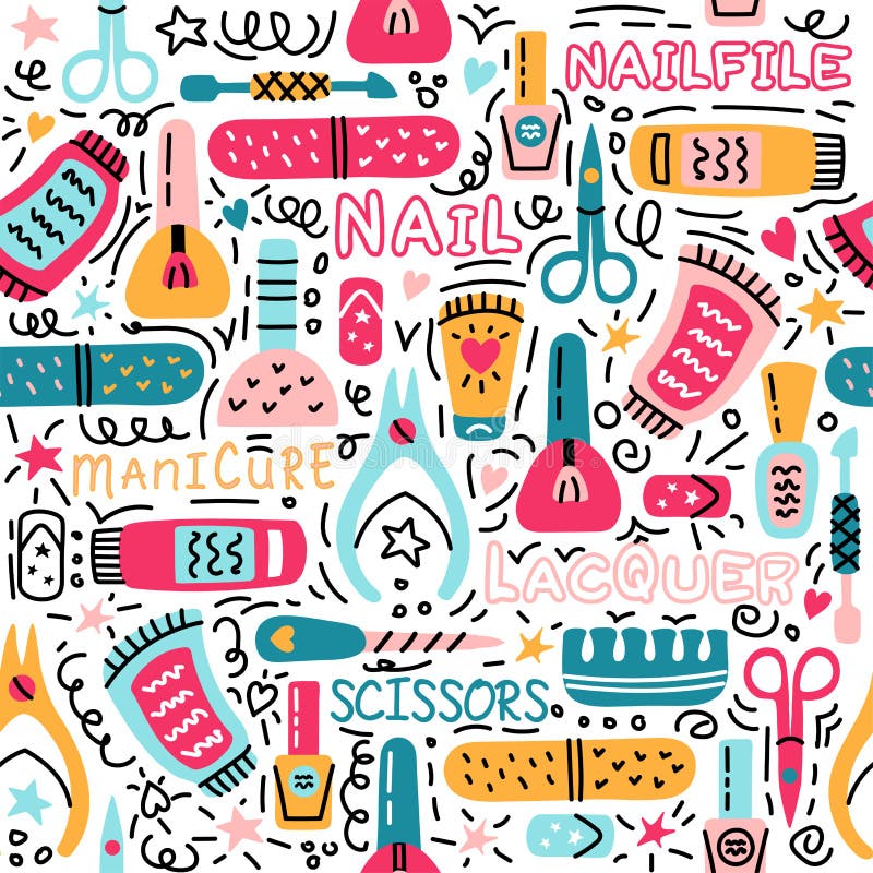 Manicure vector seamless pattern. Nail salon vector logo. Manicure and pedicure studio. Beauty banner for spa with nail polish or lacquer. Cartoon illustration with nail manicure accessories. Manicure vector seamless pattern. Nail salon vector logo. Manicure and pedicure studio. Beauty banner for spa with nail polish or lacquer. Cartoon illustration with nail manicure accessories.