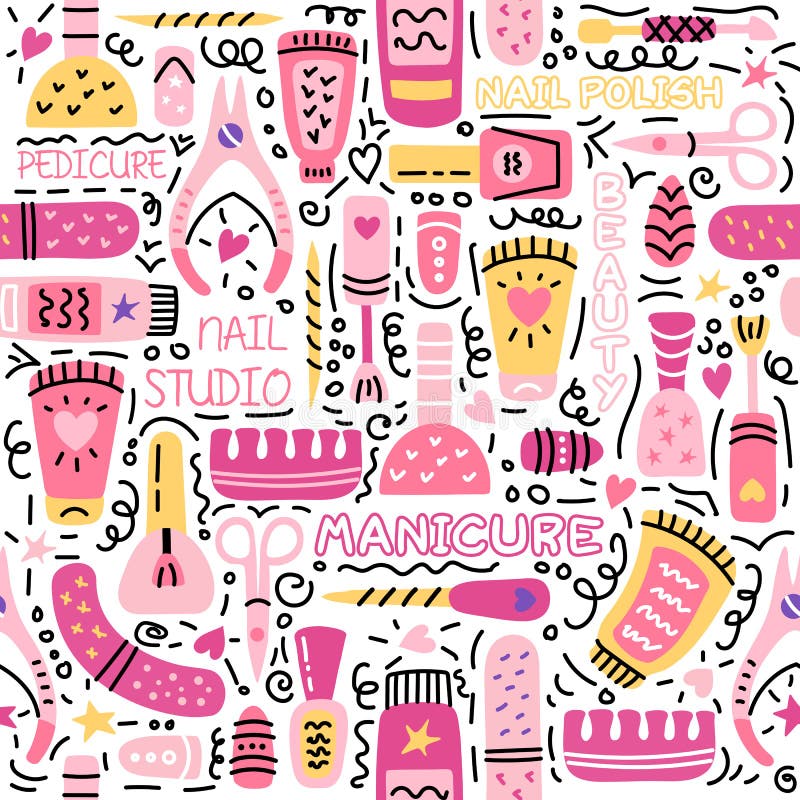 Manicure vector seamless pattern. Nail salon vector logo. Manicure and pedicure studio. Fashion beauty banner for spa with nail polish or lacquer. Doodle illustration with nail manicure accessories. Manicure vector seamless pattern. Nail salon vector logo. Manicure and pedicure studio. Fashion beauty banner for spa with nail polish or lacquer. Doodle illustration with nail manicure accessories.