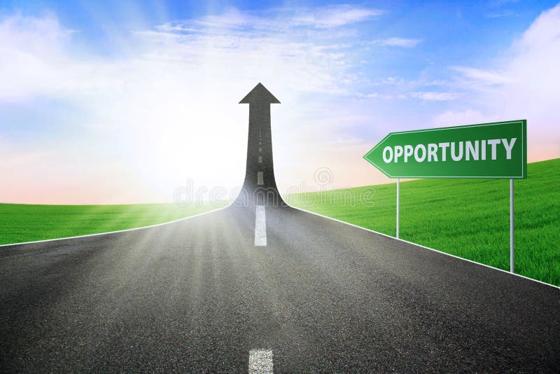 A road turning into an arrow rising upward with a road sign of opportunity, symbolizing the way to gain opportunity. A road turning into an arrow rising upward with a road sign of opportunity, symbolizing the way to gain opportunity