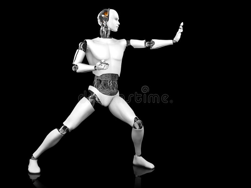 A male robot standing in a fighting karate pose. Black background. A male robot standing in a fighting karate pose. Black background.